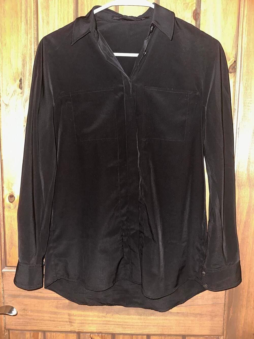 AllSaints Black Silk Flap-Pocket Button-Up Shirt
